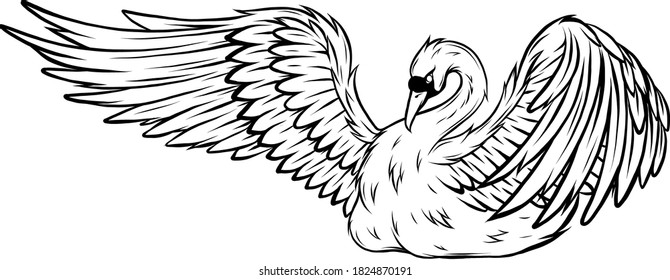 Swan in engraving style. Vector illustration, isolated, grouped, transparent background