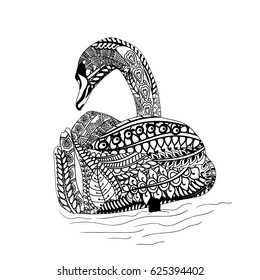 Swan with ethnic doodle pattern. Zentangle inspired pattern for anti stress coloring book pages for adults and kids.