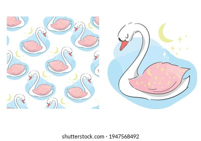 Swan Fairy seamless pattern Vector illustration Hand drawn set cute bird