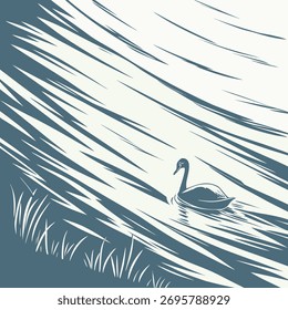 Swan Floating on Water with Abstract Grass bird lake