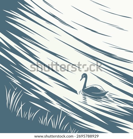 Swan Floating on Water with Abstract Grass bird lake