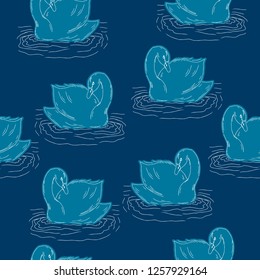 A swan floating on the water, hand drawn vector seamless pattern with blue background.