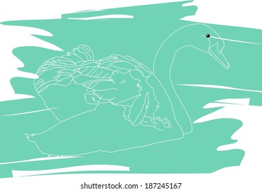 swan floats on a blue background vector graphic drawing