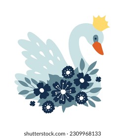Swan With Flowers And Crown Vector Illustration