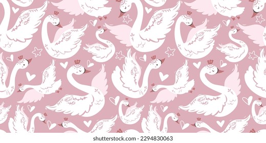 Swan and Flowers Themed Seamless Pattern