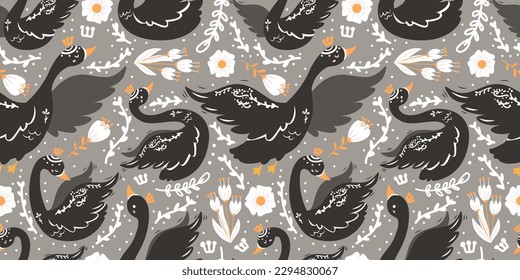 Swan and Flowers Themed Seamless Pattern