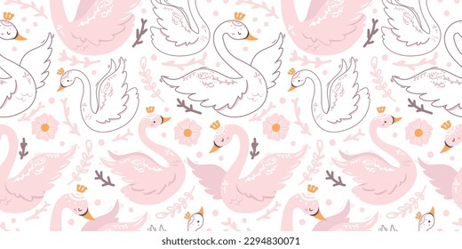 Swan and Flowers Themed Seamless Pattern