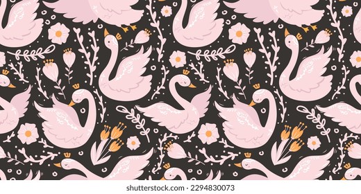 Swan and Flowers Themed Seamless Pattern