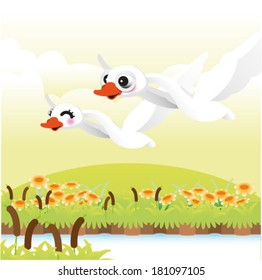 swan flying over lake. Vector illustration