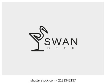 Swan and Glass Logo. Simple Swan and Glass on One Line Style isolated on White Background. Flat Vector Logo Design Template Element.
