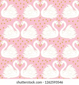 Swan  golden glitter on pink seamless pattern. Cute childish print. Vector hand drawn illustration