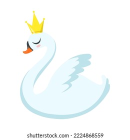 Swan or goose princess vector. Bird wearing golden crown isolated on white background. Fairy tale, wedding, ballet concept