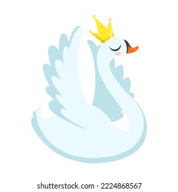 Swan or goose princess vector. Bird wearing golden crown isolated on white .background. Spring, fairy tale, wedding, ballet concept