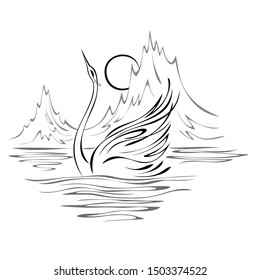 swan gracefully floating on the water against the backdrop of mountain peaks