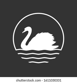 Swan graphic icon. Swan on the water sign in the circle isolated on black background. Logo. Vector illustration