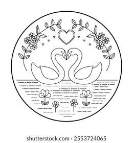 Swan hand embroidery pattern for a round hoop, Embroidery sticker paper, wedding craft gift, valentine's day gift, embroidery with a pair of lover swans with a heart, symbol of everlasting love Digita