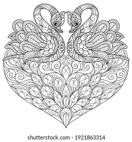 Swan with heart.
Zentangle stylized cartoon isolated on white background. 
Hand drawn sketch illustration for adult coloring book. 
