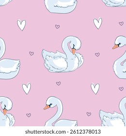 Swan and Hearts Vector Pattern, Seamless background beautiful with swan design fabric print