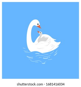 Swan and her duckling. Mother and her child. Decorative greeting card.