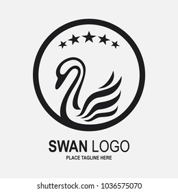 Swan icon design template. Black swan icon and star in round frame