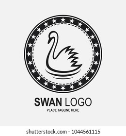 Swan icon design template. Black swan and stars in round frame