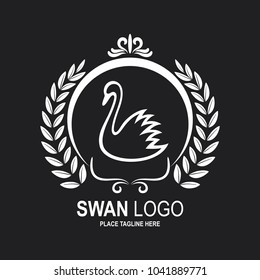 Swan icon design template. White swan and laurel wreath in round frame