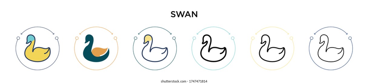 Swan icon in filled, thin line, outline and stroke style. Vector illustration of two colored and black swan vector icons designs can be used for mobile, ui, web
