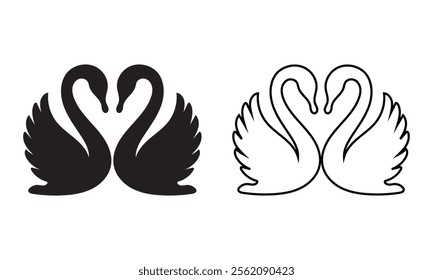 Swan icon Silhouette Pair in solid and outline styles vector art illustration.
