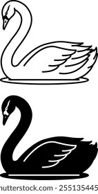 Iconos de cisne. Ilustración vectorial en blanco y negro. Hermosas aves acuáticas. Agricultura, agricultura. Para el diseño de libros para colorear. Concepto de animales domésticos