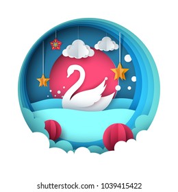Swan illustration. Cartoon paper landscape. Vector eps 10