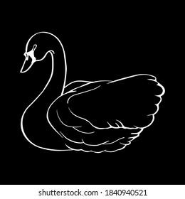 Schwan einzeln auf schwarzem Hintergrund. Einfache Linien schwan. Vektorgrafik.