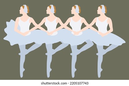 Ballet del lago de cisne. Baile de pequeños cisnes. Ilustración vectorial.