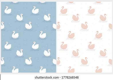 Swan Lake. Cute Seamless Vector Patterns with White Swans Isolated on a Blue Background. Funny Print with Beige Birds on a White Layout.