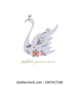 Swan lake. Lettering calligraphy. Girl princess, greeting card poster and postcard, vector image. Clip art