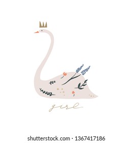 Swan lake. Lettering calligraphy. Girl princess, greeting card poster and postcard, vector image. Clip art