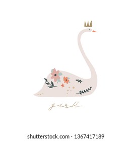 Swan lake. Lettering calligraphy. Girl princess, greeting card poster and postcard, vector image. Clip art