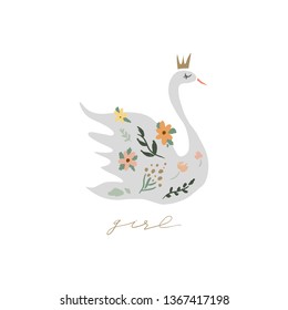 Swan lake. Lettering calligraphy. Girl princess, greeting card poster and postcard, vector image. Clip art