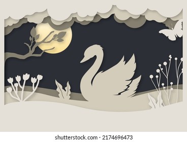 Swan In The Lake. Moon, Clouds And Flowers. Layered Paper Cut Background. Paper Cut Out Style Shadow Box