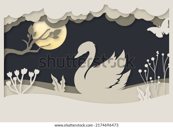 Swan in the lake. Moon, clouds and flowers. Black and white wall art. 