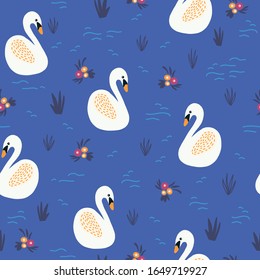 Swan lake seamless vector pattern. Swan birds and floral bouquets swimming on water repeating background. Scandinavian style. Use for fabric, kids decor, wallpaper, packaging, surface pattern design