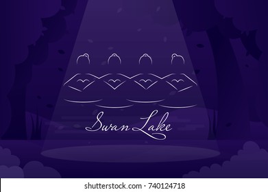 Swan lake vector illustration with ballerinas silhouettes on the dark stage background. Ballet vector banner.