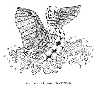Swan landing on water zentangle stylized, vector, illustration, pattern, freehand pencil, hand drawn. Black and white. 