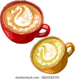 Swan Latte Art Coffee Cups Red Capppuccino  Mocca  White Foam Vector Illustration Set Isolated on Transparent Background