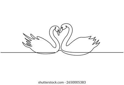 Projeto de linha de cisne. Elementos decorativos de cisne desenhados com uma linha contínua. Ilustração vetorial, Pássaros apaixonados. Esboço linear preto mínimo isolado no branco