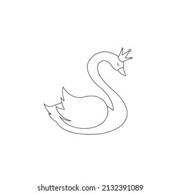 Swan in line style isolated on white background. Vector illustration of graceful swan bird in crown. Flat cartoon character design