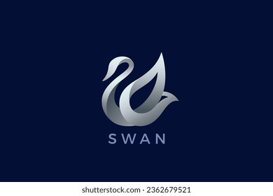 Plantilla de vectores de diseño metálico de lujo con logotipo de cisne. Elegante Icono de concepto de logotipo de joyas de moda.