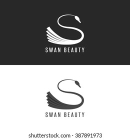 Swan logo mockup shape letter S, beauty salon bird emblem overlapping with shadows black and white graphic design element