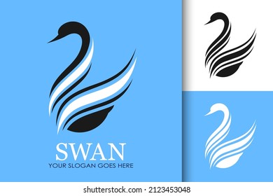 Swan logotype. Set of three variants in blue, black and white colors. Minimalist trendy contemporary design. Best for web, print, logo creating and branding design.