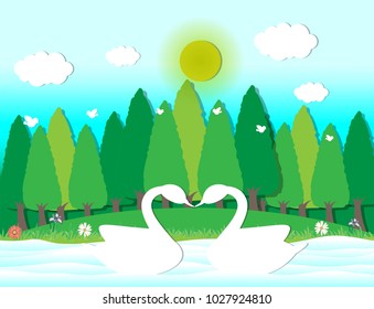 Swan love with green meadow