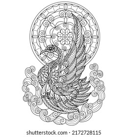 Swan and moon hand drawn for adult coloring book